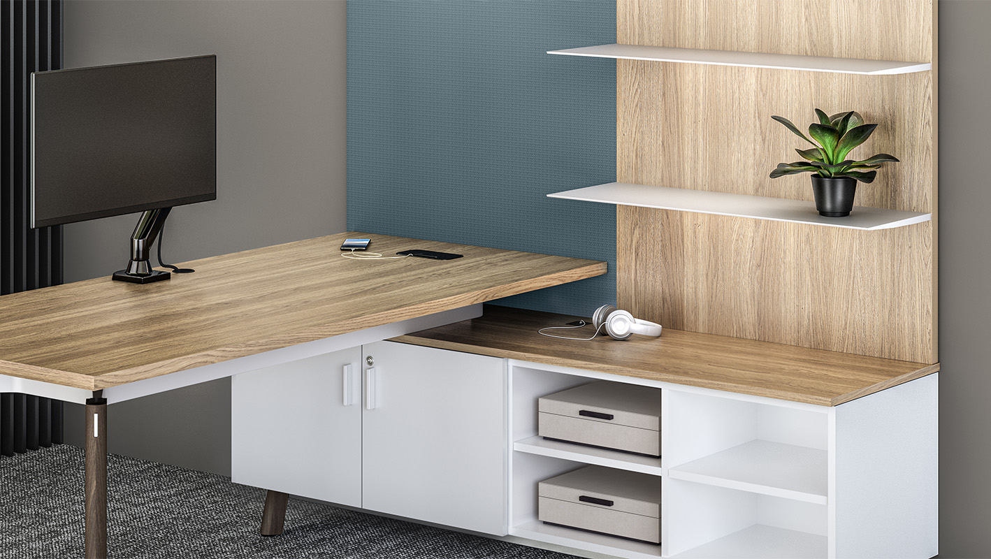 Ligouri Private Office with low-profile aluminum shelving.