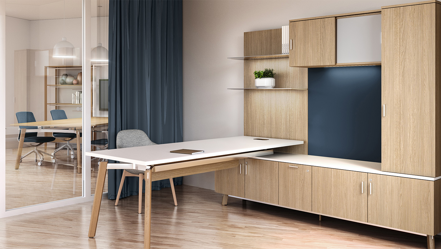 Ligouri Private Office with wardrobe tower and fabric tackboard.