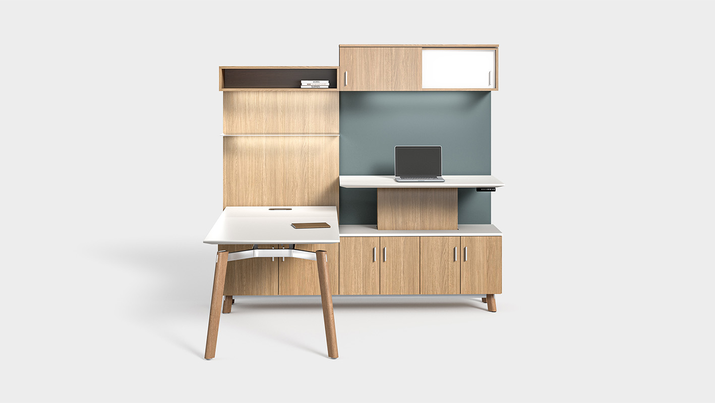 Ligouri Private Office with height-adjustable return and overhead storage.