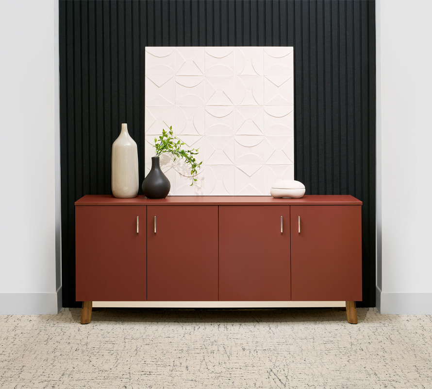 Ligouri credenza shown in Burgundy Fenix laminate at NeoCon 2024.