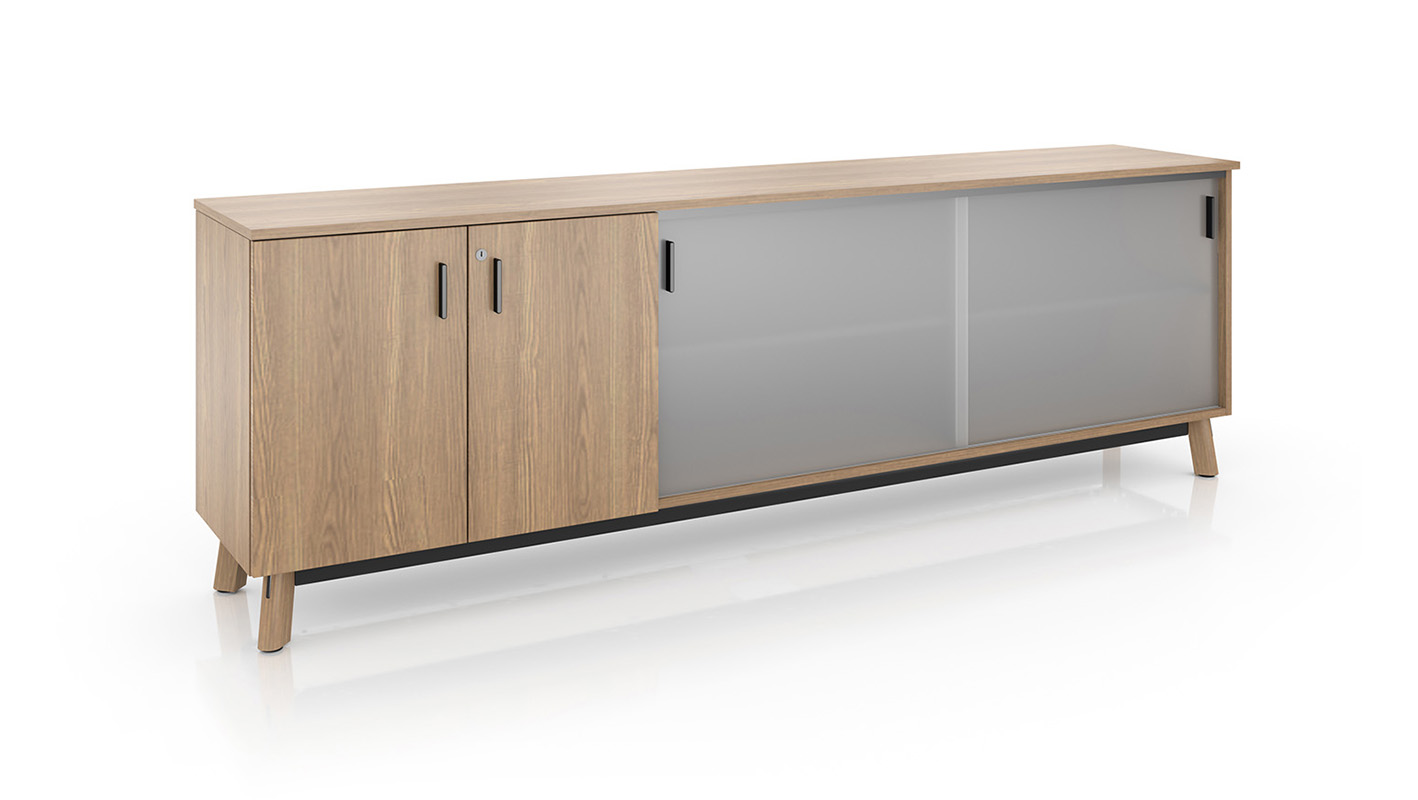 Ligouri credenza with sliding doors shown in New Age Oak laminate.