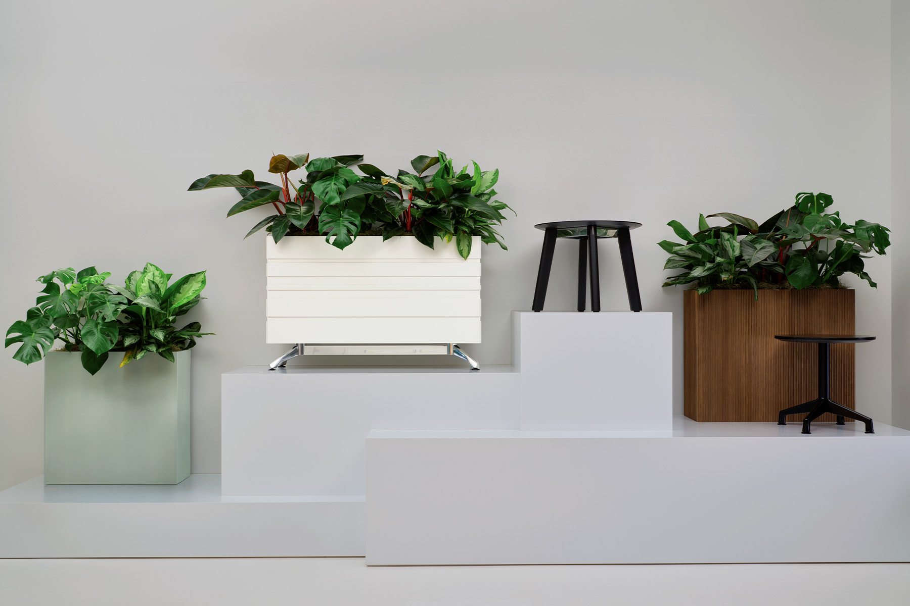 Terra planters and occasional tables on a platform.