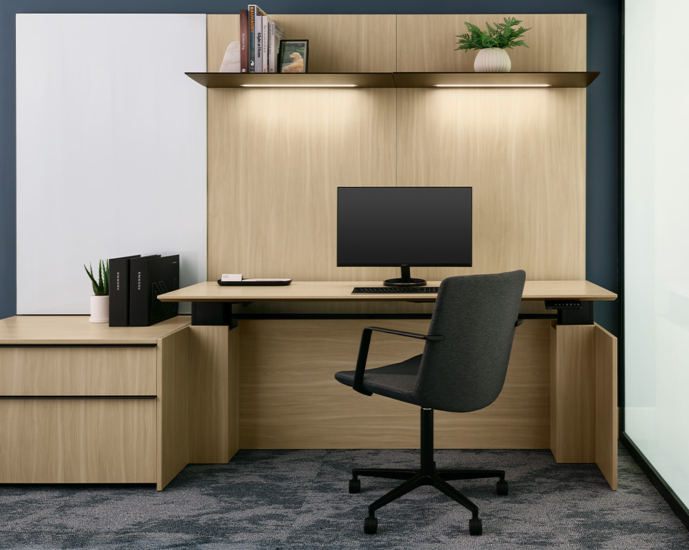 Affinity in-line desk with shelf lighting. 