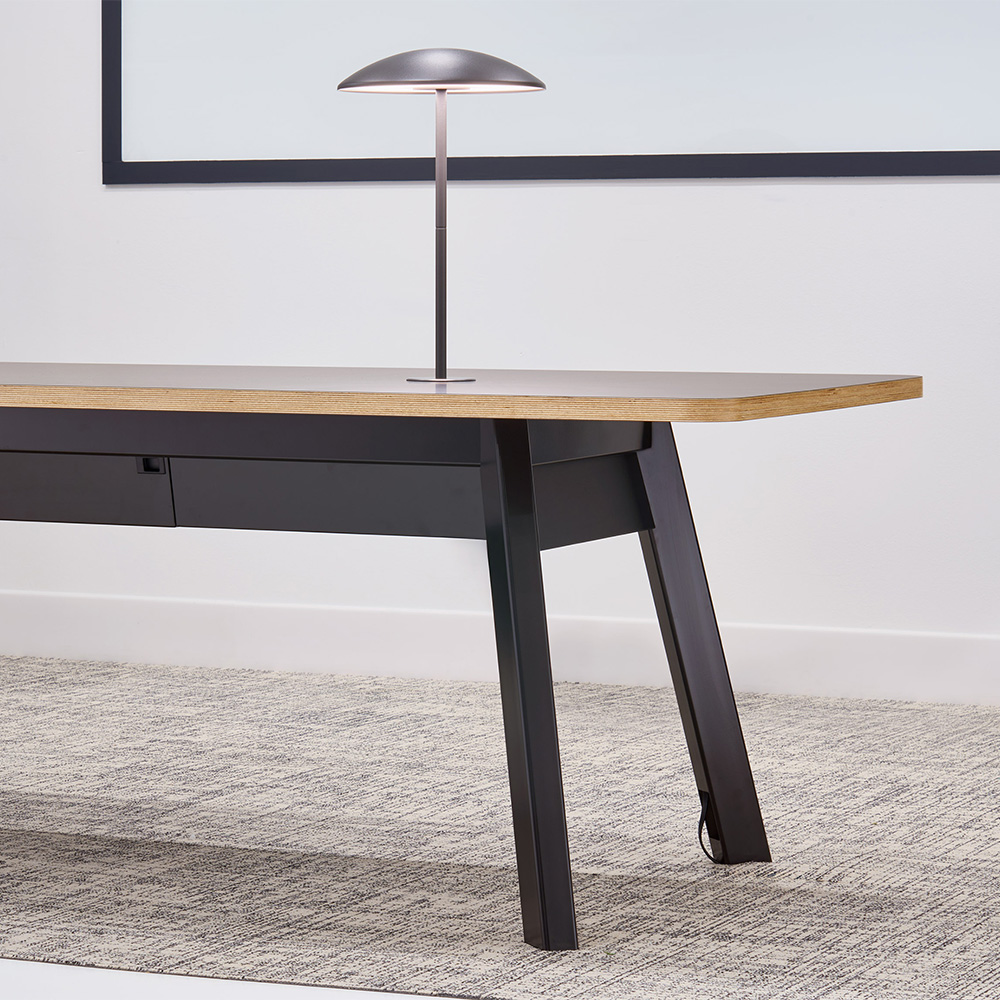 Alkalign table in a conference room with a planter.