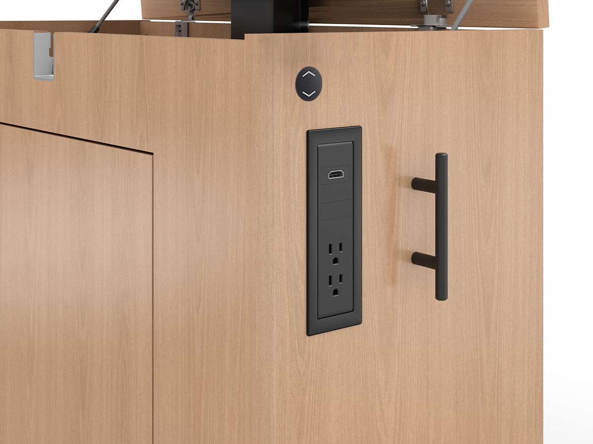 Zori Media Center side-access power and cord wrap detail.