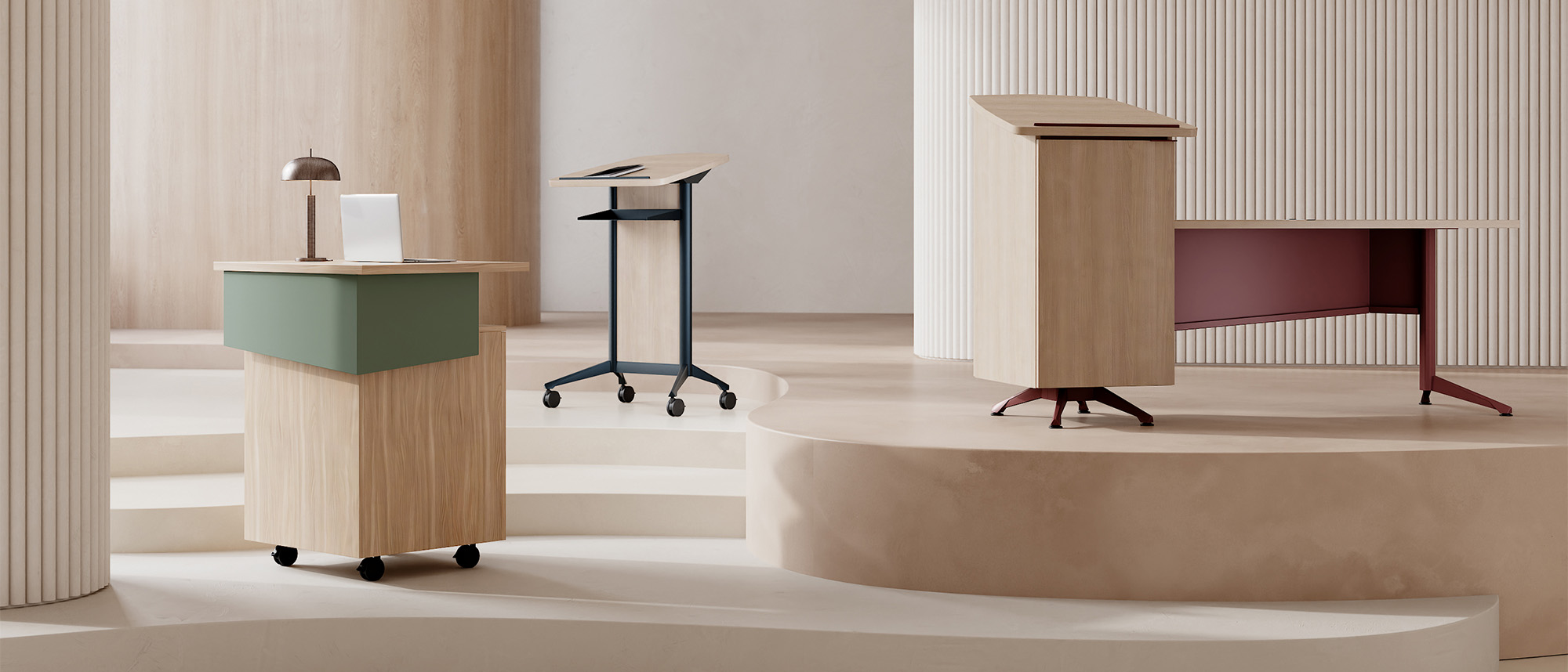 Zori lecterns on platforms. 