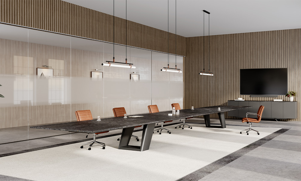 Expanse table in a conference room. 