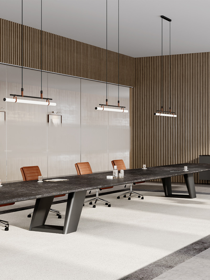 Expanse table in a conference room. 