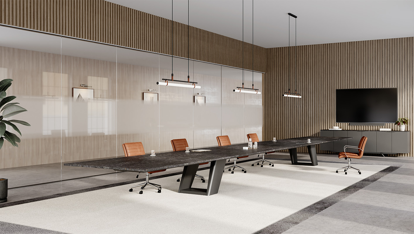 Expanse table in a conference room. 