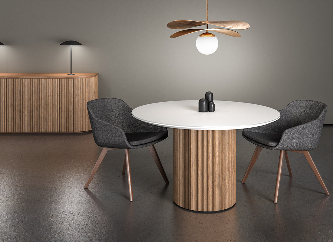Foundation drum table with tambour base and Luna credenza. 