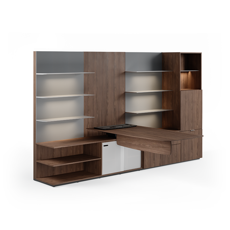 Cayman private office setup in formal walnut.