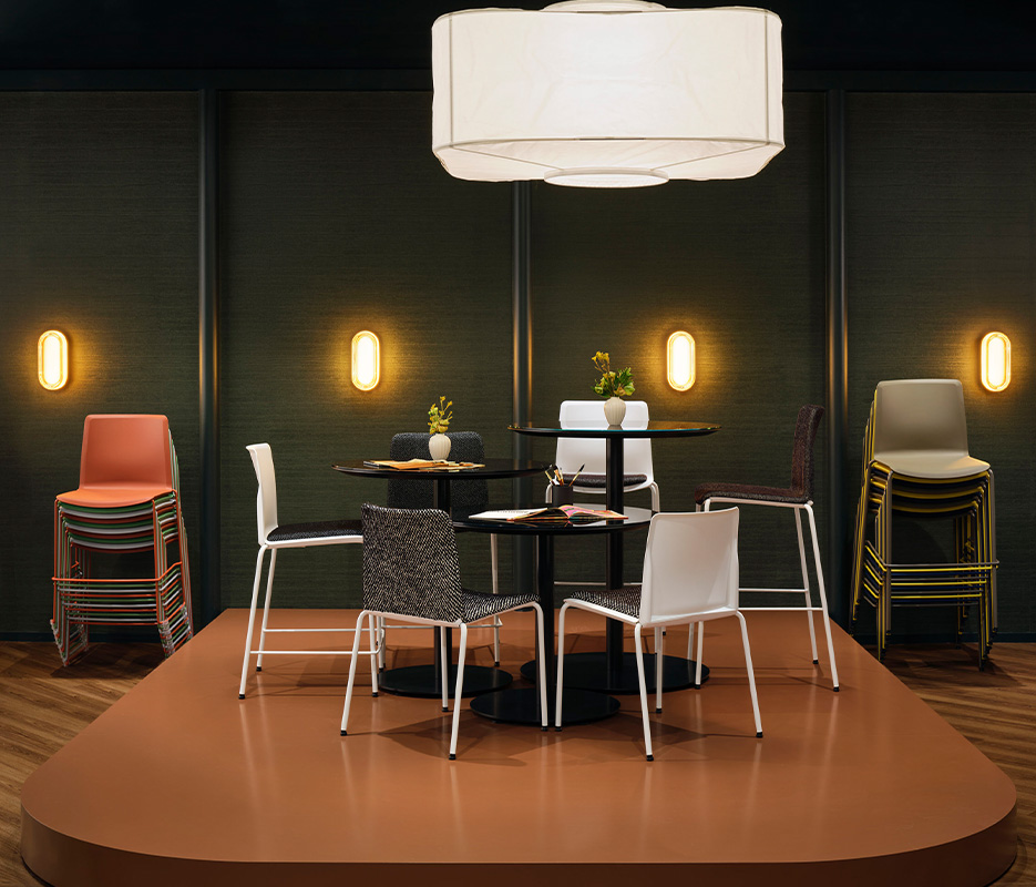 Disc base tables with chairs. 