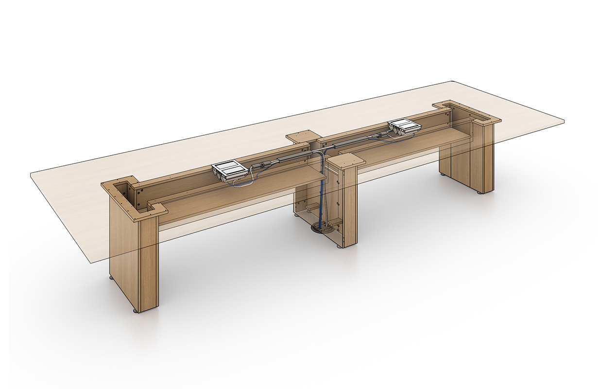 Foundation table with wires routing through the base. 