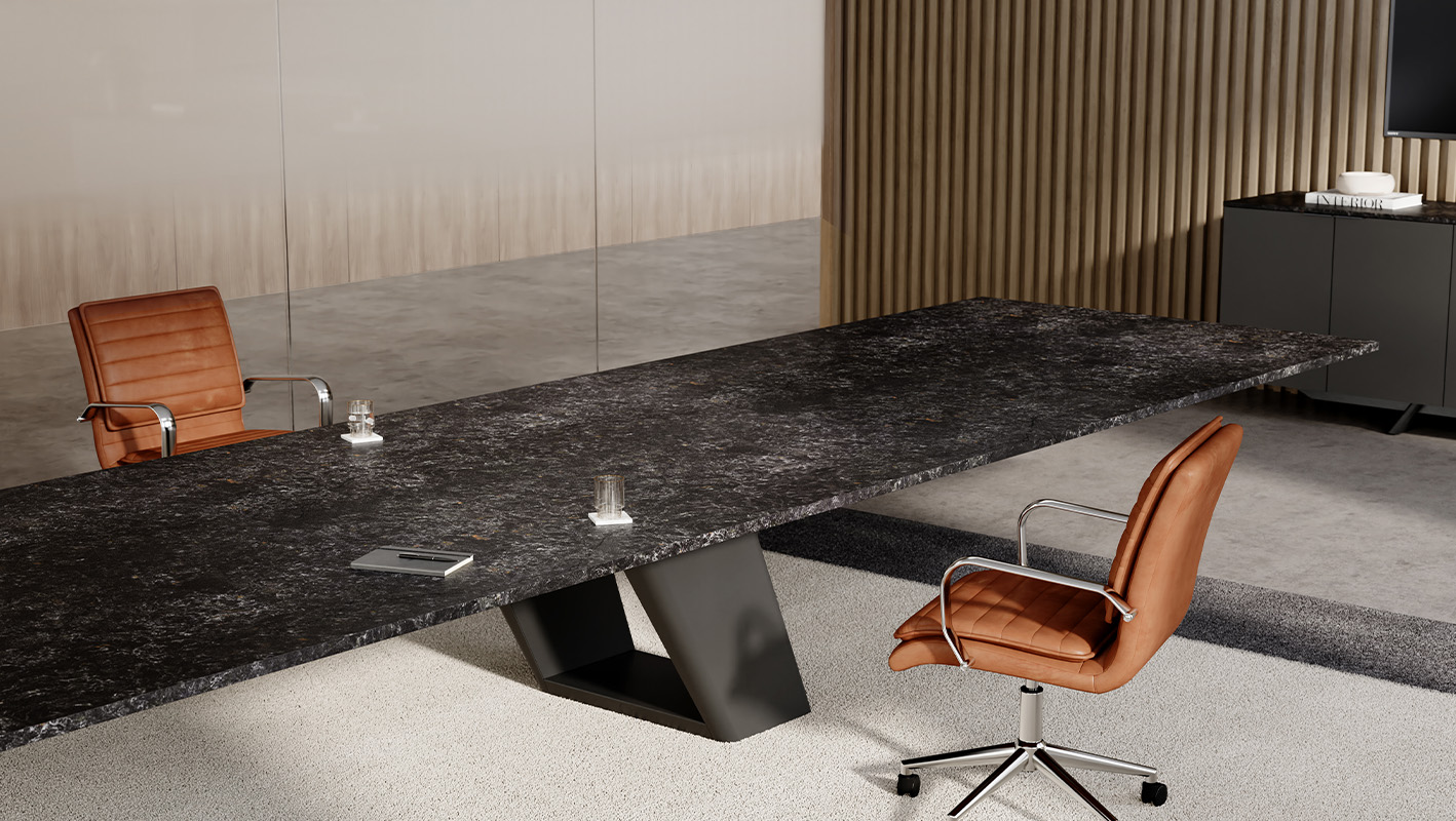 Expanse table with a quartz top in a conference room. 