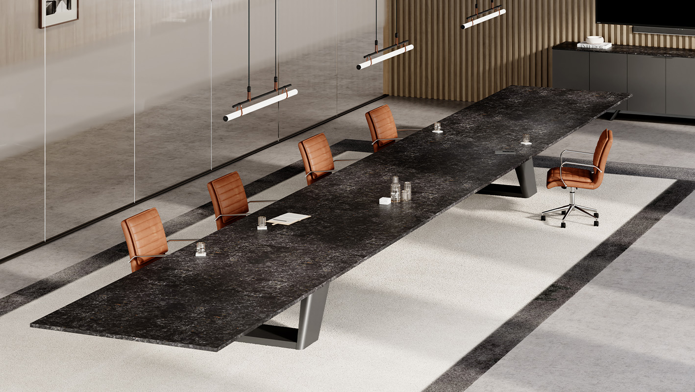 Expanse table with a quartz top in a conference room. 