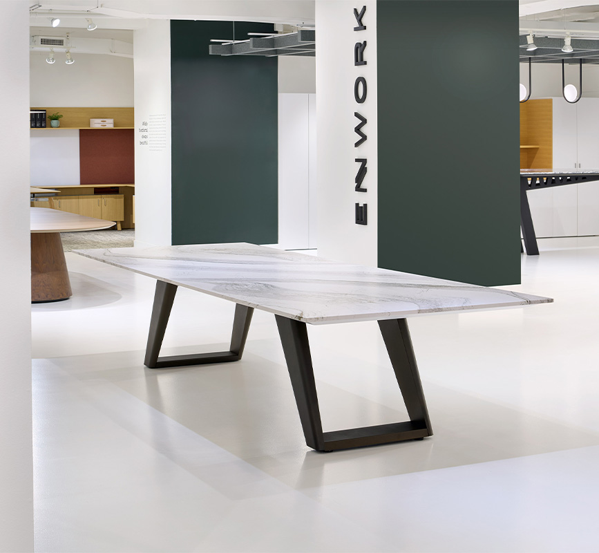 Expanse table in a conference room. 