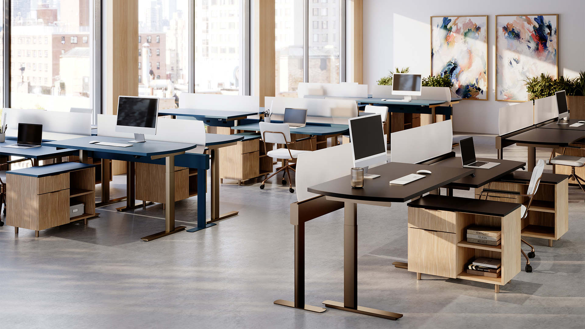 Jet tables in an open-plan office environment. 