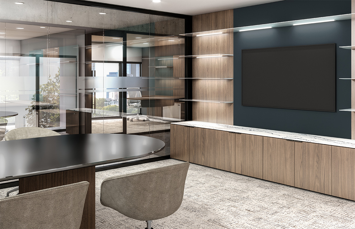 Cayman wall with foundation drum conference table in a conference room.
