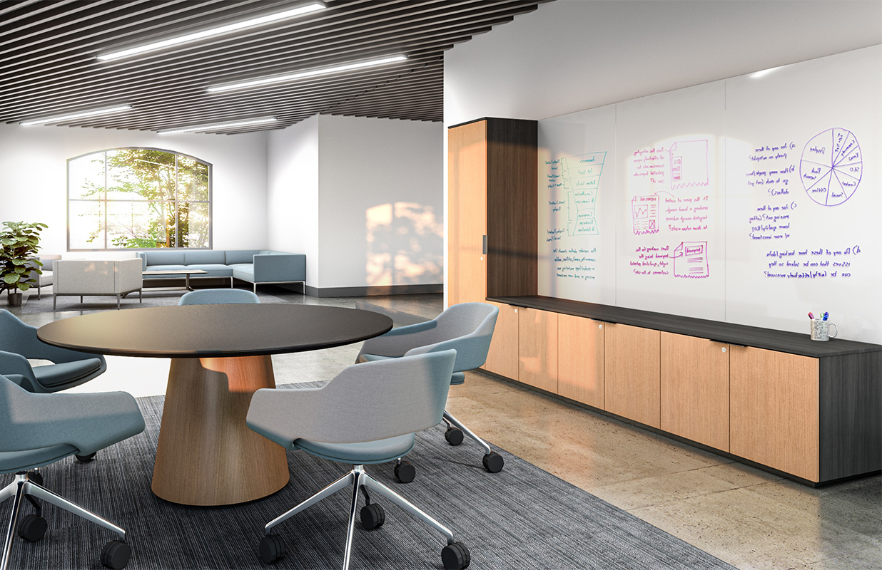 Foundation Tapered Drum conference table with Cayman storage and whiteboard.