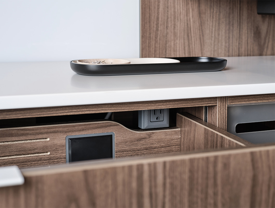 Cayman private office tech drawer details.