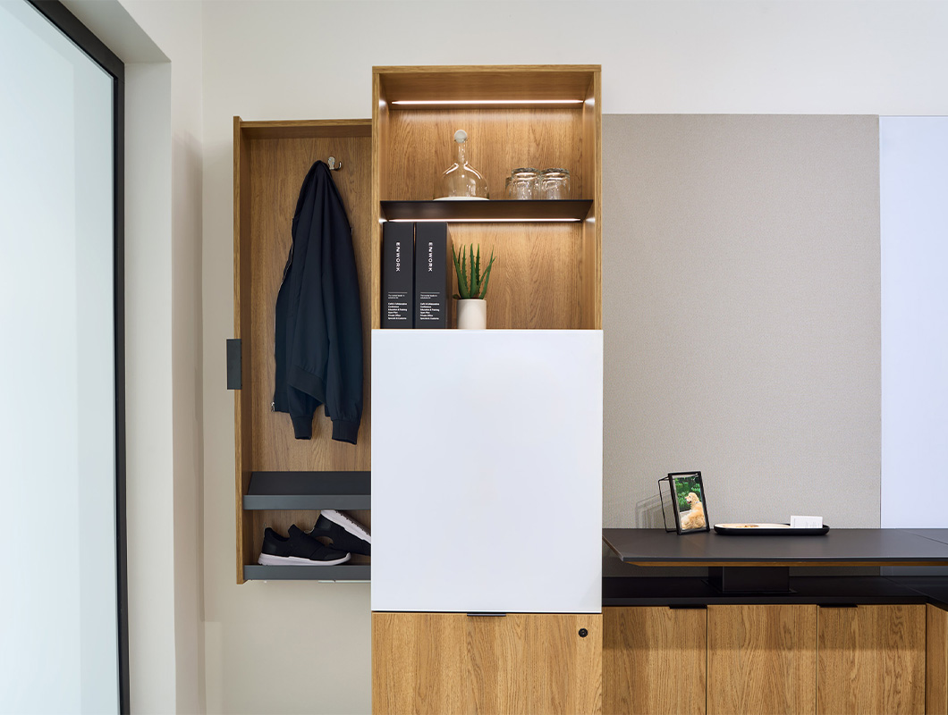 Cayman tower with side-access wardrobe open. 