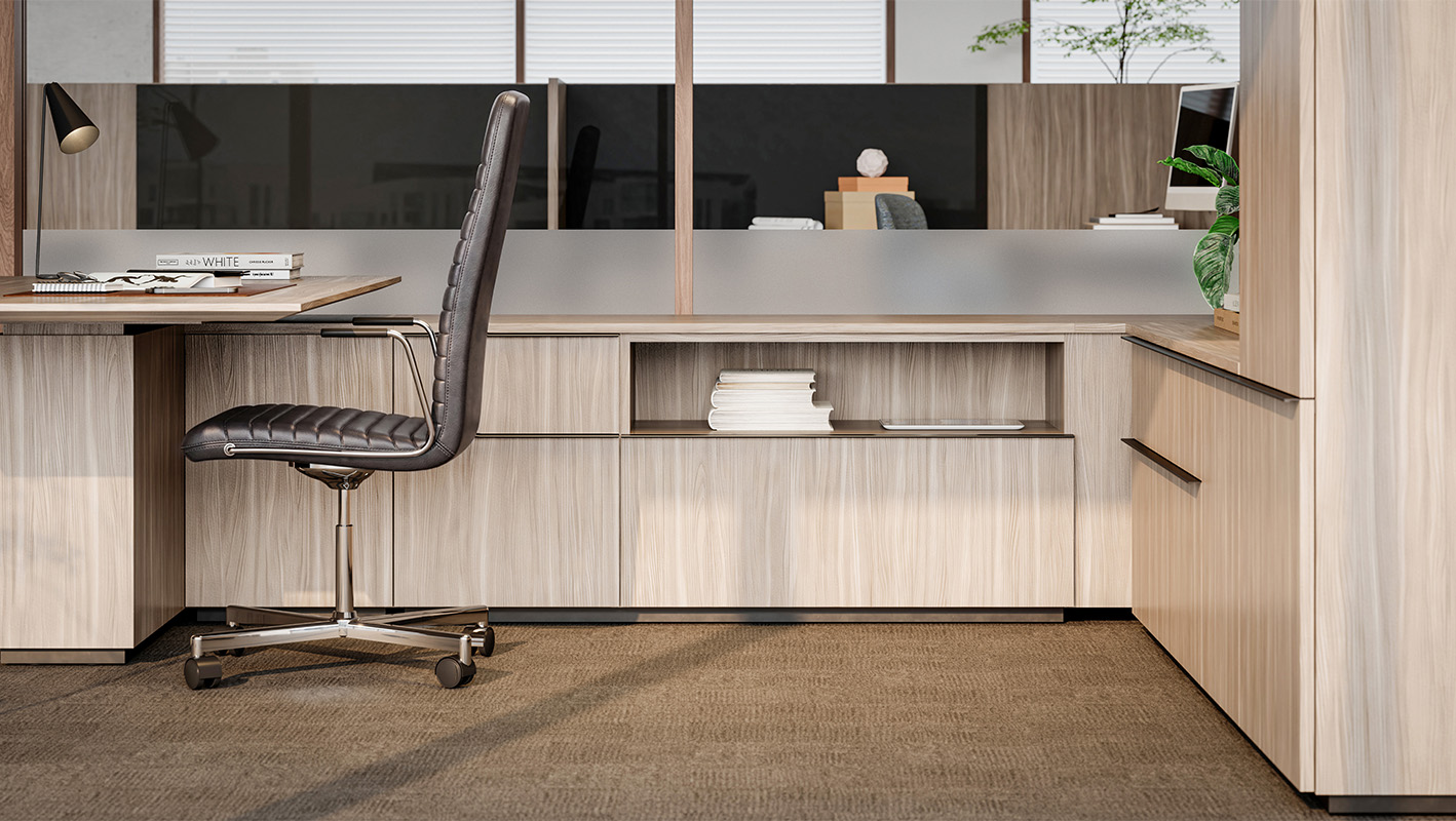 Side view of Affinity Private Office with cantilever desk.
