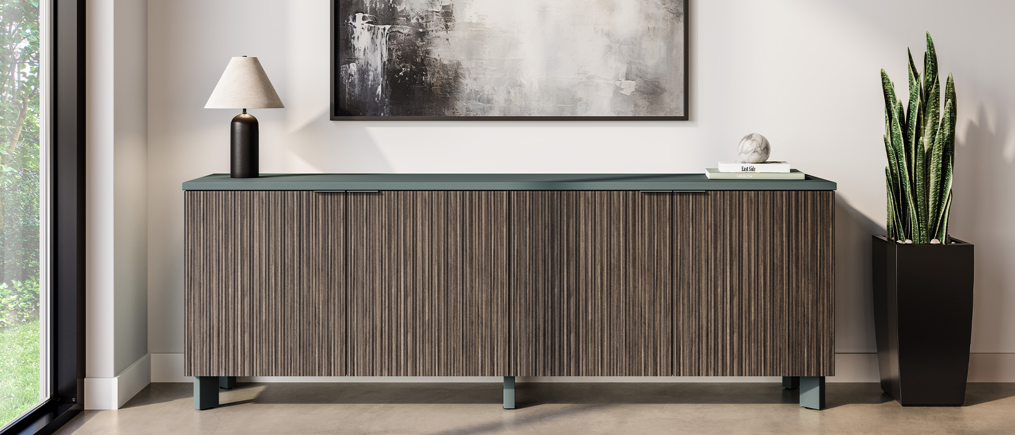 Impression credenza against a wall. 