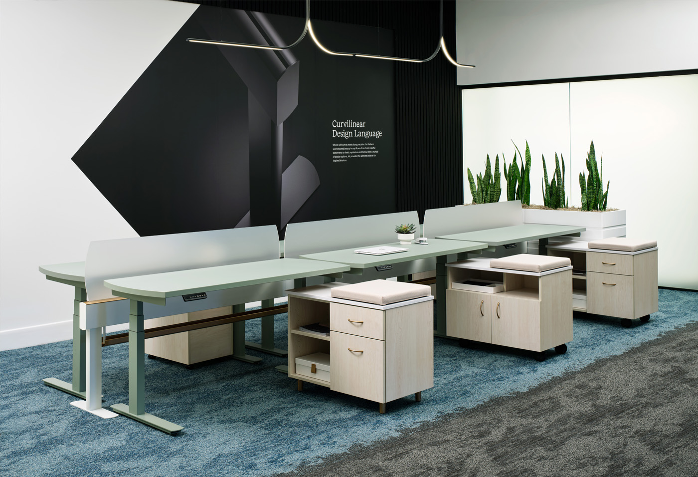 Jet open-plan 6-pack with curvilinear tops, shown at NeoCon 2026.