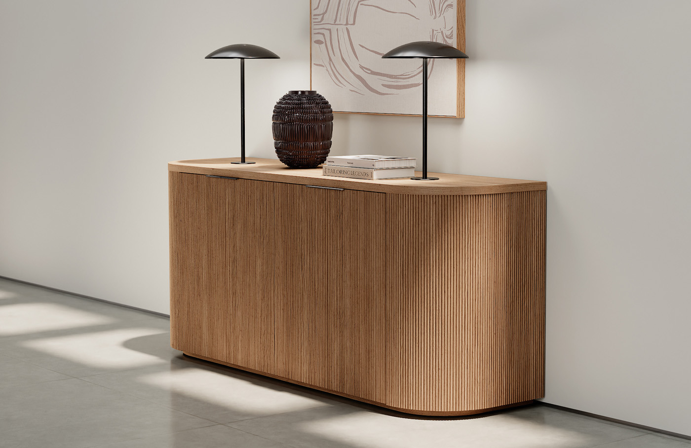 Luna credena shown in white oak tambour in third space setting.