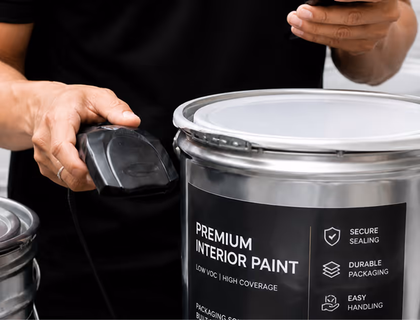 Person holding a scanner near a metal can of premium interior paint with product features on the label.
