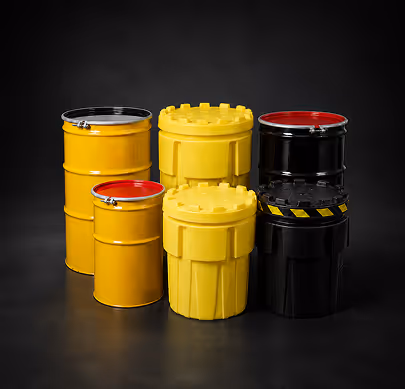 Six yellow and black industrial barrels with red and silver lids on a black background.