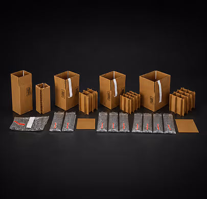 Multiple brown cardboard boxes and plastic bags with black and red contents arranged on a black background.
