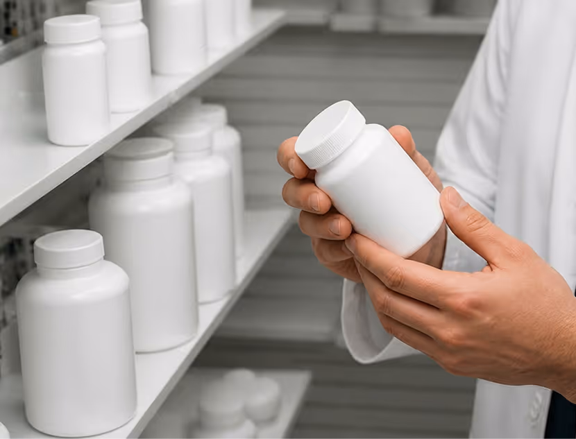 Person holding a white pill bottle in front of shelves filled with similar white bottles.