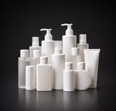 Assorted white cosmetic bottles and tubes on a black reflective surface, including pumps and sprays.