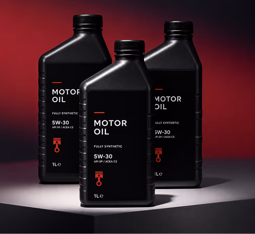 Three black 1-liter bottles of fully synthetic 5W-30 motor oil on a dark red background.