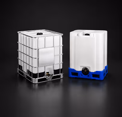 Two large plastic liquid storage containers with metal and blue plastic frames on a black surface.