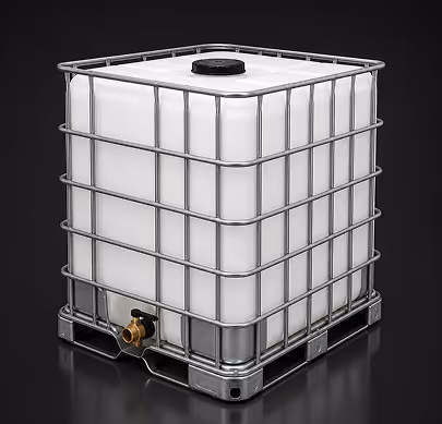 Large white plastic bulk container with metal cage and valve on a black reflective surface.