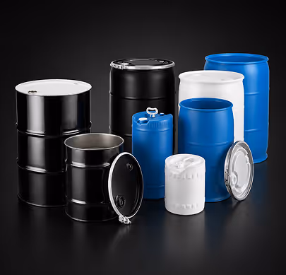 Various black, white, and blue industrial plastic and metal drums and containers on a black background.