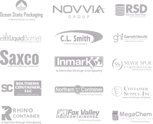 Grid of 15 shipping and packaging company logos including Novvia Group, Rhino Container, and Silver Spur Corporation.