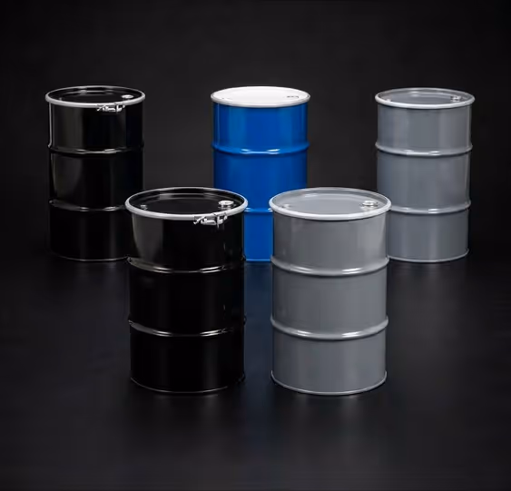 Five industrial metal barrels in black, blue, and gray on a black reflective surface.