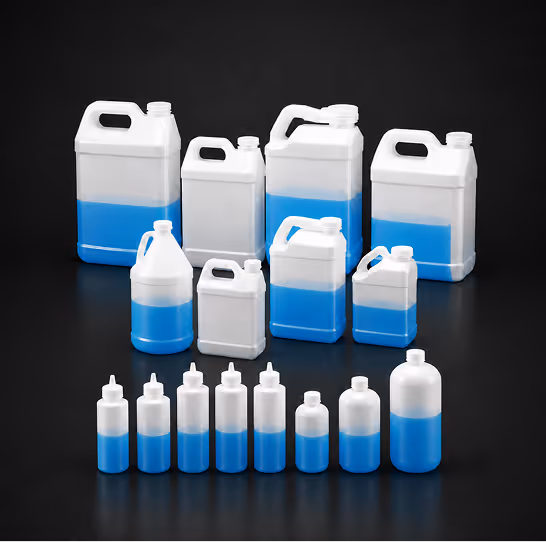 Various white plastic bottles and containers filled halfway with blue liquid on black surface.