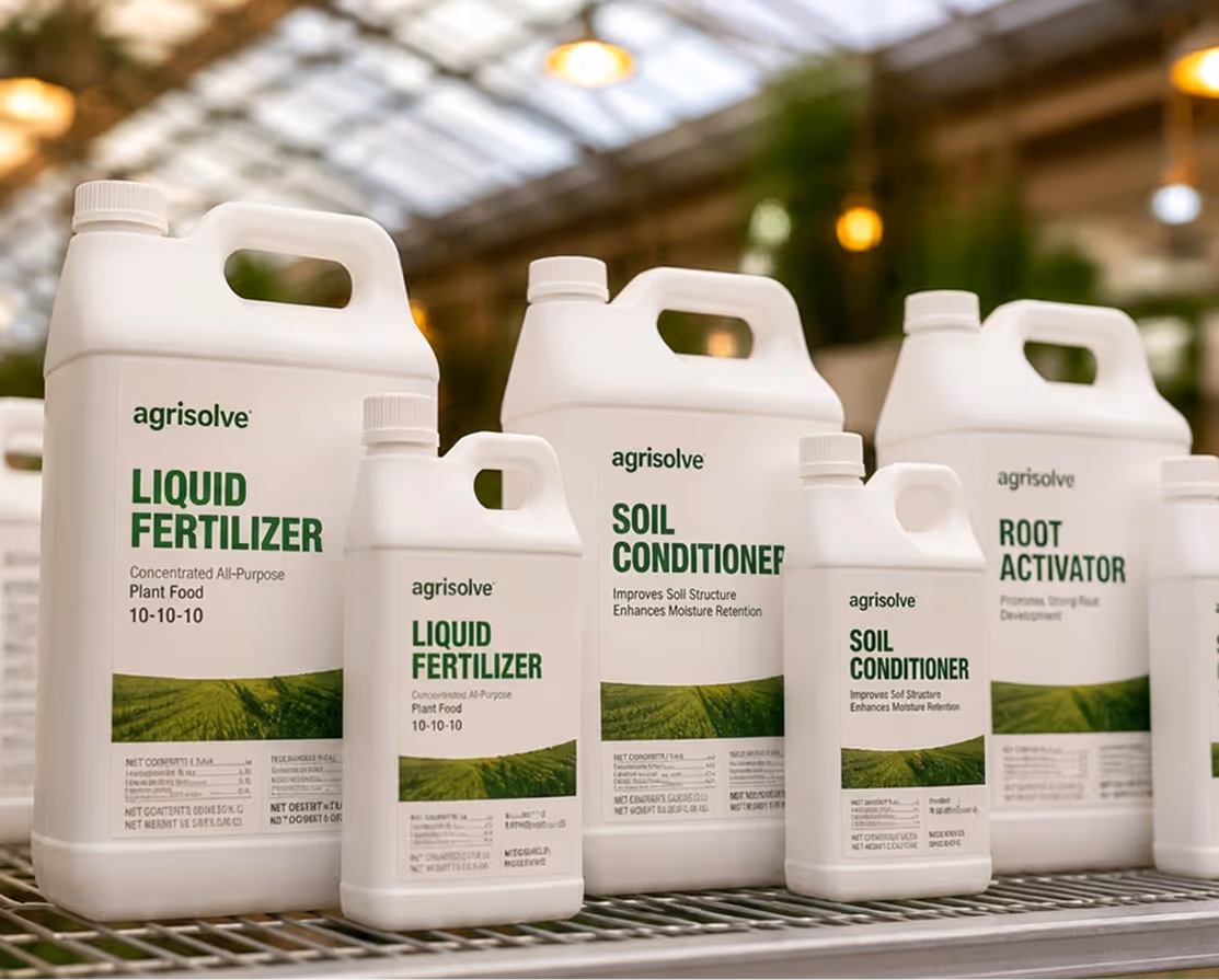 White Agrisolve containers of liquid fertilizer, soil conditioner, and root activator on a metal shelf.