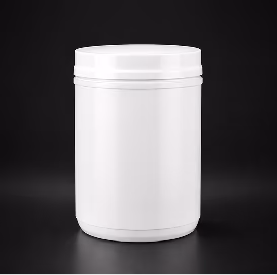 Plain white plastic container with a screw-on lid on black background.