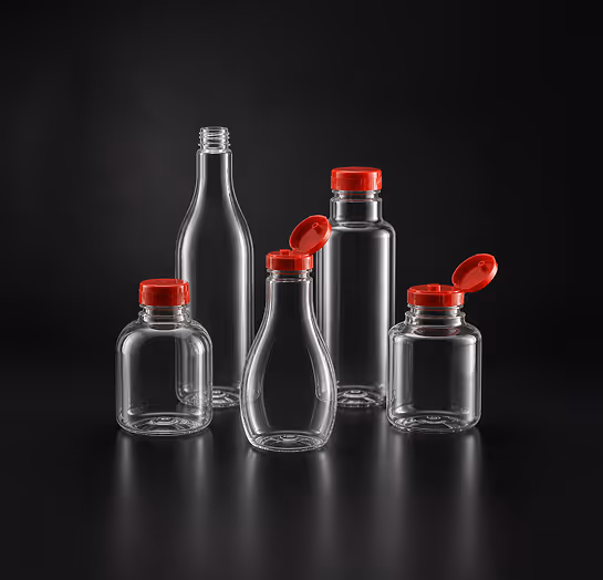 Five empty clear plastic bottles with red caps on a black reflective surface.