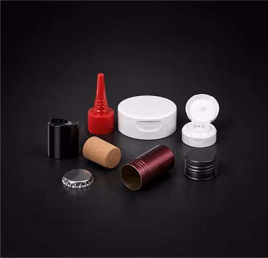 Variety of bottle caps and closures including cork, metal, plastic, and flip-top on black background.