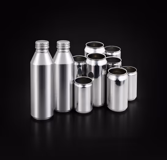 Two silver metal bottles and a group of silver aluminum cans on a black background.