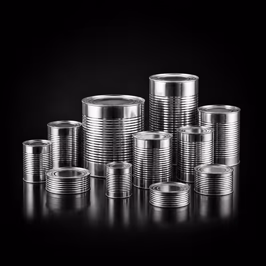 Various empty silver tin cans of different sizes arranged on a reflective black surface.