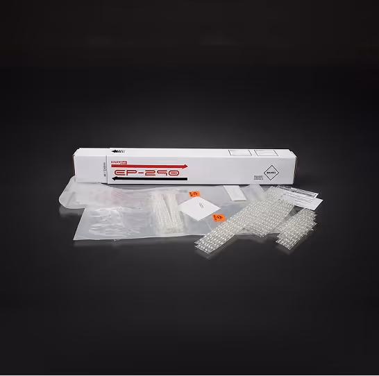 White rectangular box labeled EP-250 with clear plastic grid panels and small white tags on black background.