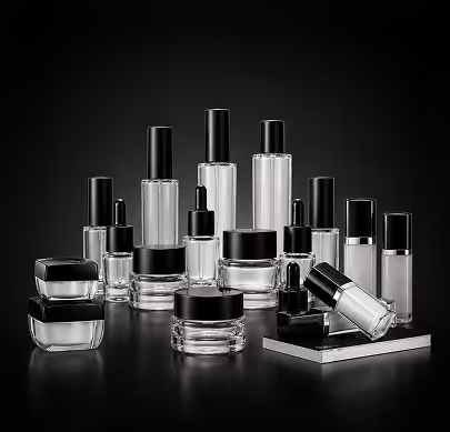 Various empty glass cosmetic jars and bottles with black caps on a reflective black surface.