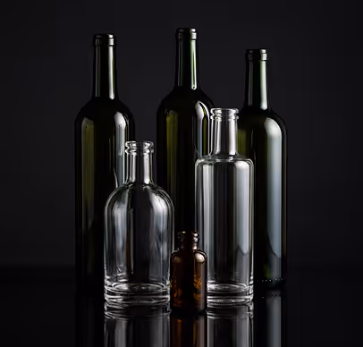 Three empty green wine bottles and three empty clear and brown glass bottles on black background.